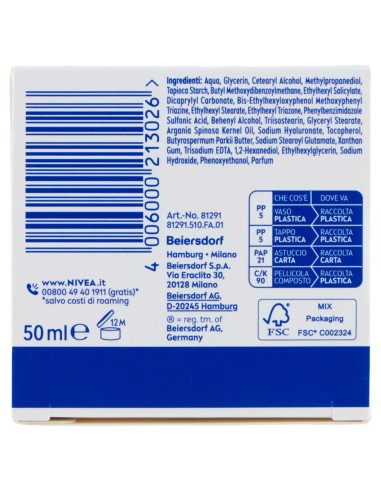 Nivea Crema Viso 50ml - Nutriente Pelli Secche + Acido Ialuronico - Spf 30
